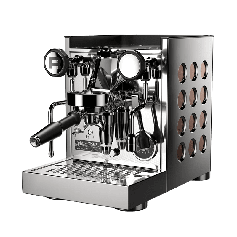 Rocket Espresso Appartamento Siebträger-Espressomaschine aus Edelstahl, Dampflanze, Manometer und seitlichen Belüftungsöffnungen