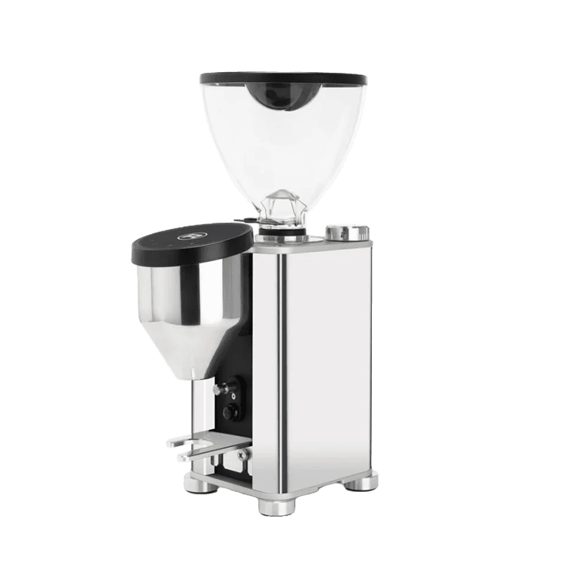 Silberner Rocket Espresso Giannino Kaffeemühle mit klarem Bohnenbehälter und Dosierschacht, kompaktes Design für Espressomühlen