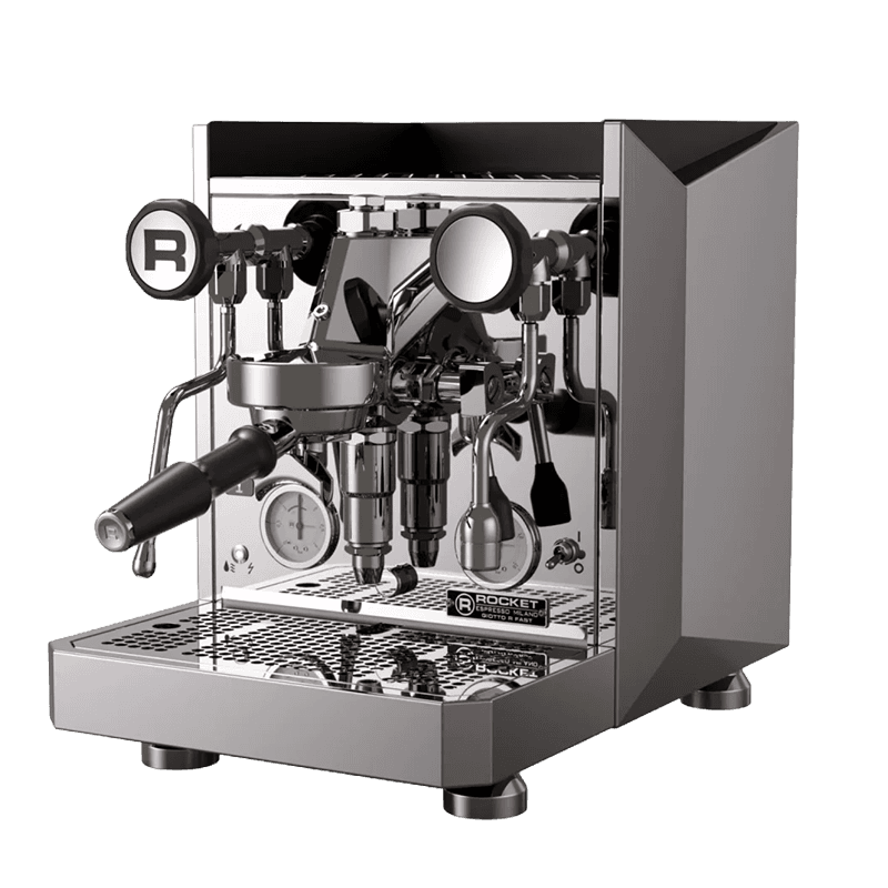 Chromfarbene Rocket Giotto Espresso-Maschine mit Siebträger, Manometer und Dampflanze auf weißem Hintergrund