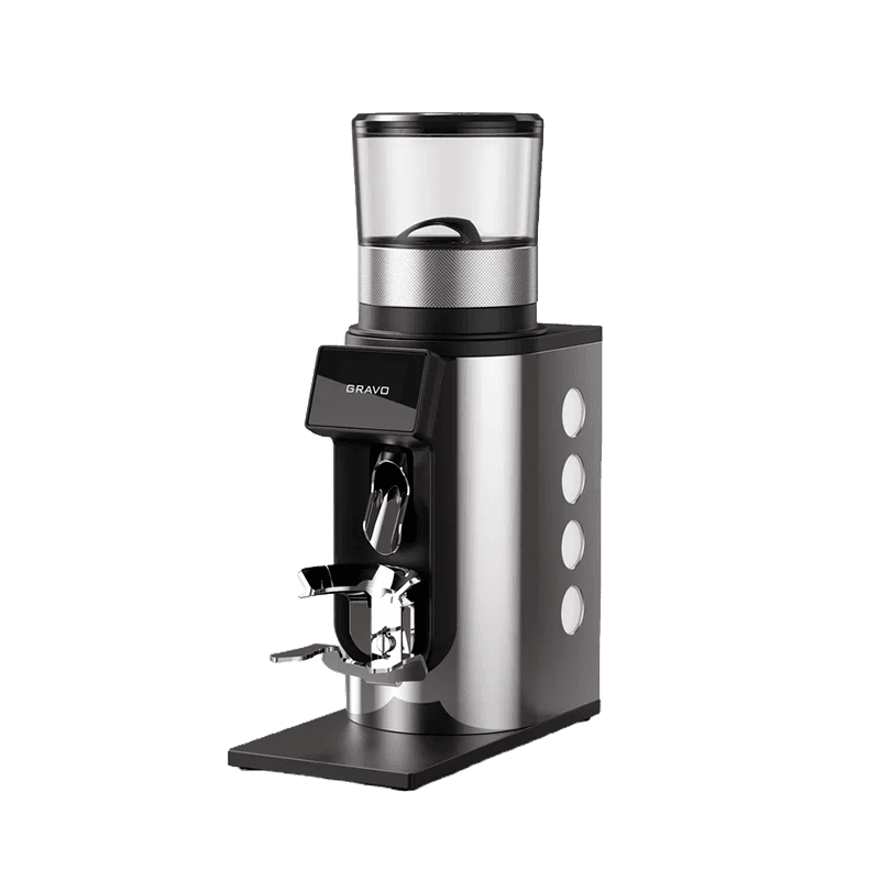 Roter Espresso GRAVO Kaffeemühle in Edelstahl und Schwarz mit Bohnenbehälter und Siebträgerhalter