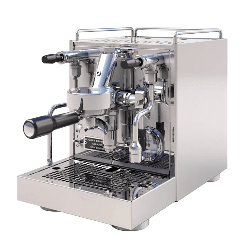 Rocket Espresso Milano NOW Espressomaschine in poliertem Edelstahl mit Siebträger, Dampflanze und Druckmanometer