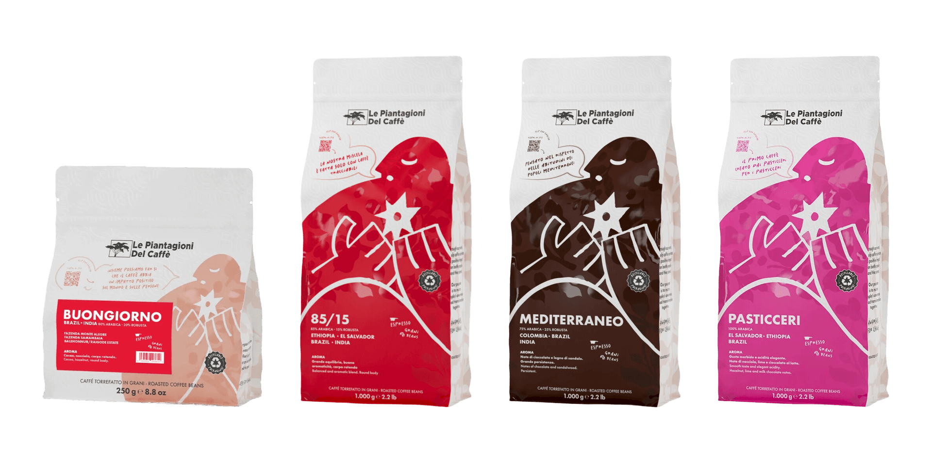 Vier bunte Le Piantagioni Del Caffè Kaffeebeutel (Buongiorno, 85/15, Mediterraneo, Pasticceri) nebeneinander, Verpackungen und Logos sichtbar