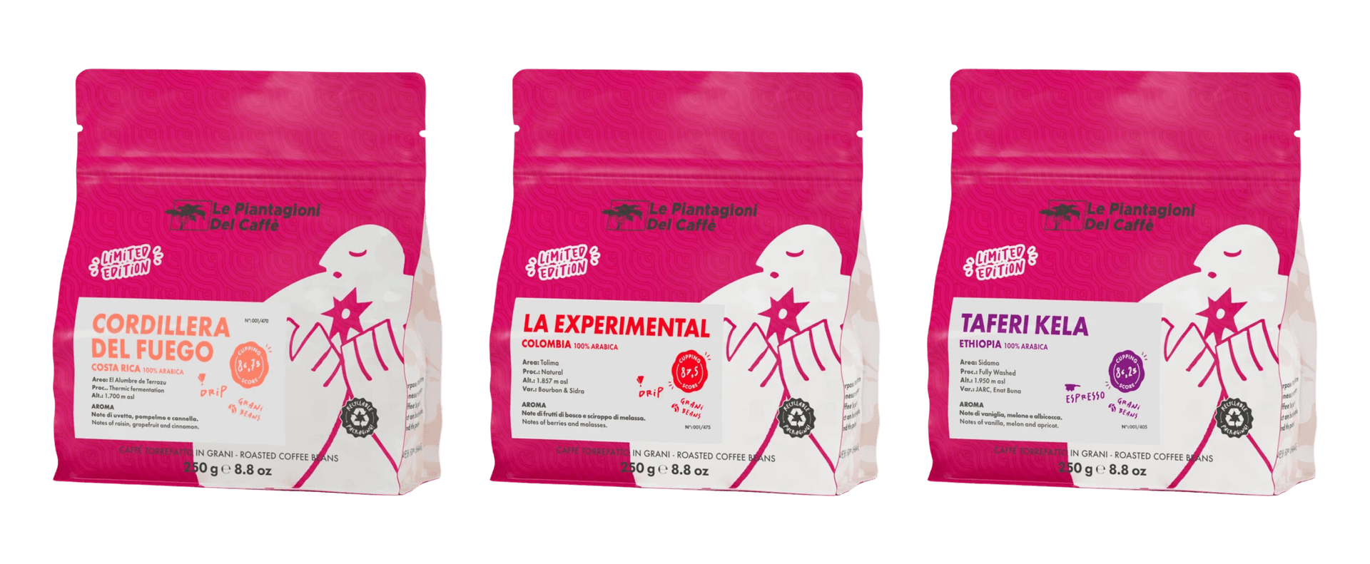 Drei pinke Le Piantagioni Del Caffè Kaffeetüten (Cordillera, La Experimental, Taferi Kela) als Limited Editions